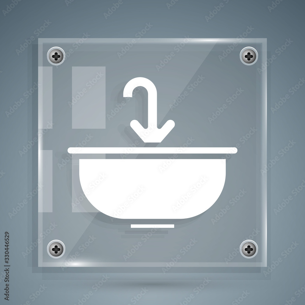 白色洗手盆，灰色背景上有水龙头图标。方形玻璃面板。矢量照明