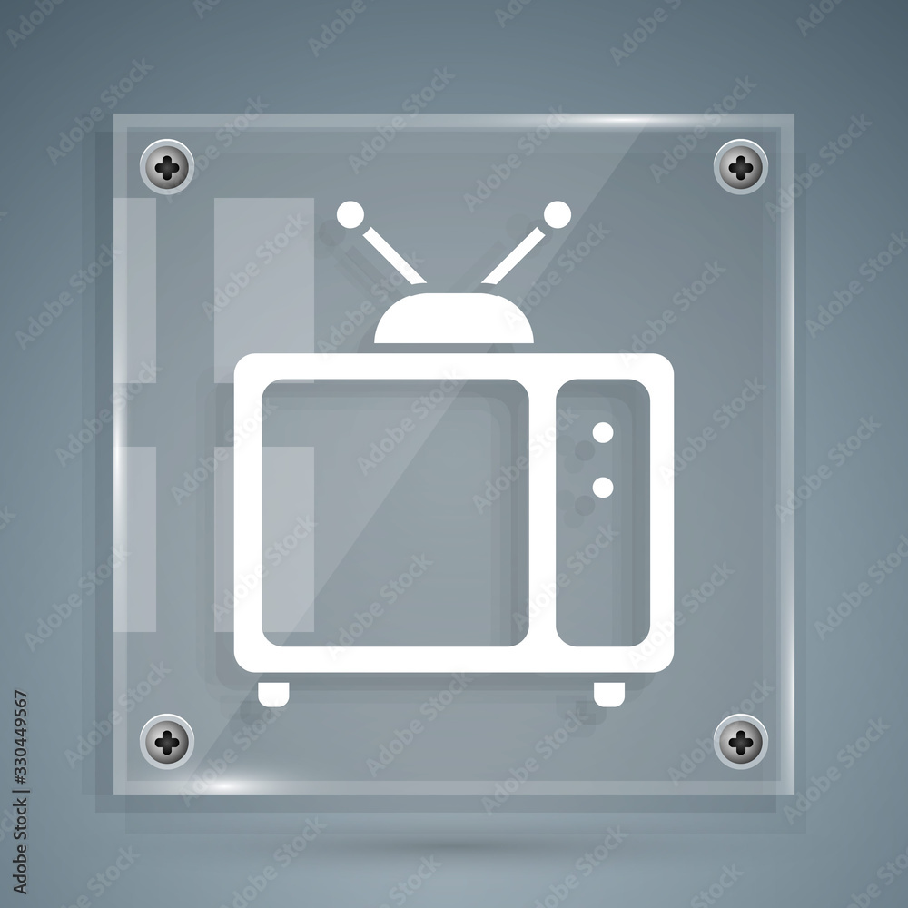 White Retro tv icon isolated on grey background. Television sign. Square glass panels. Vector Illust