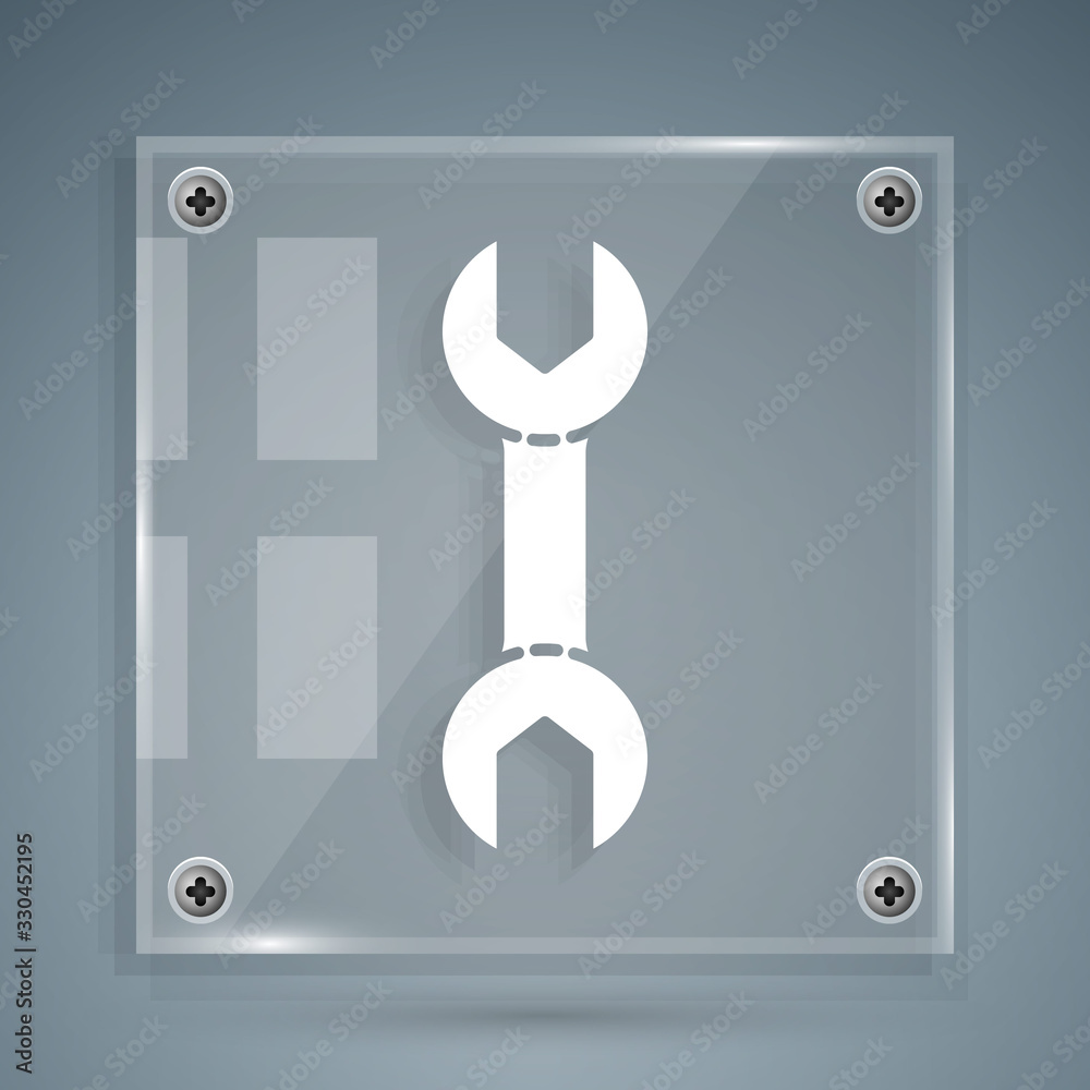 White Wrench spanner icon isolated on grey background. Square glass panels. Vector Illustration