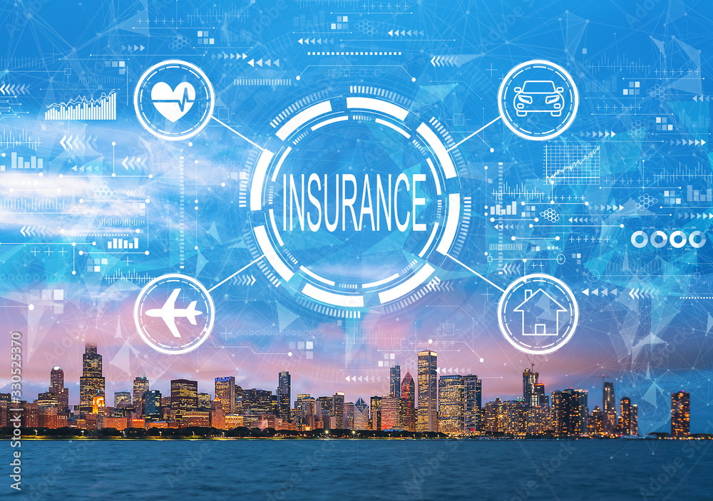 Insurance concept with downtown Chicago cityscape skyline with Lake Michigan