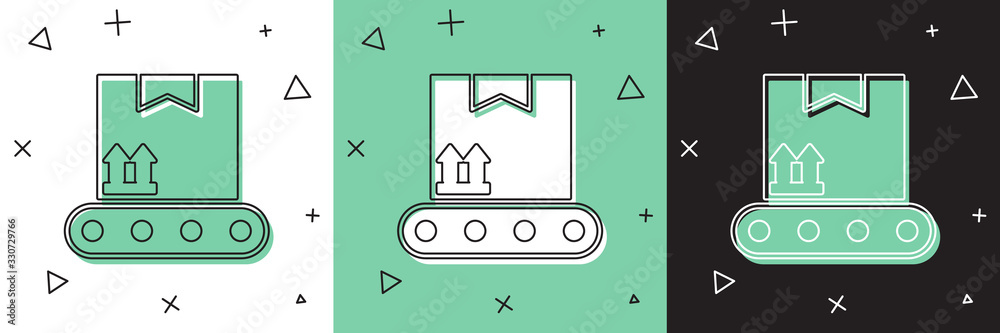 设置传送带，纸板箱图标隔离在白色和绿色黑色背景上。Vector Illu