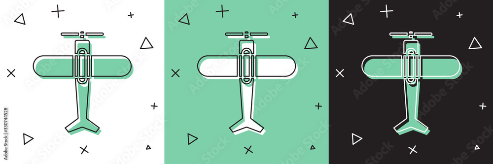 将飞机图标隔离在白色和绿色、黑色背景上。飞行飞机图标。航空公司标志.V