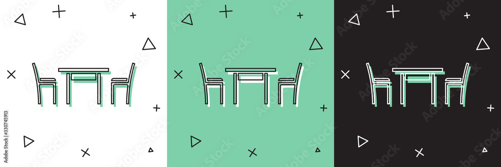 设置木制桌子，椅子图标隔离在白色和绿色，黑色背景上。矢量插图