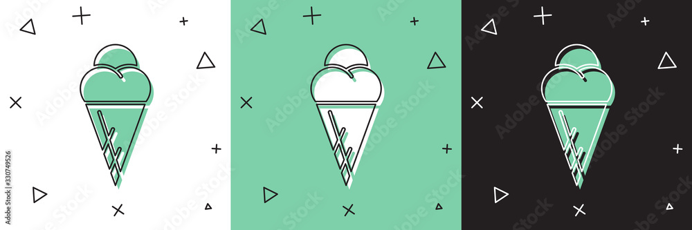 Set Ice cream in waffle cone icon isolated on white and green, black background. Sweet symbol. Vecto