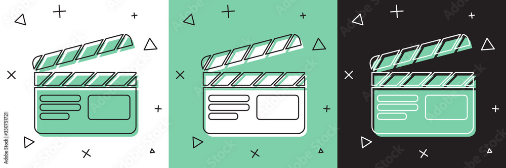 Set Movie clapper icon isolated on white and green, black background. Film clapper board. Clapperboa