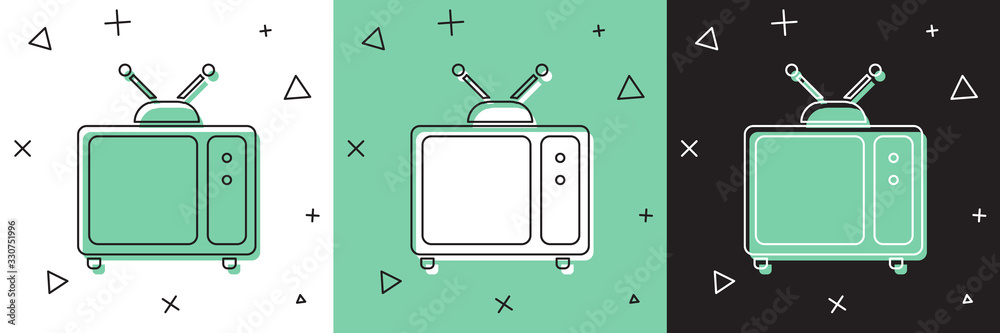 将复古电视图标隔离在白色和绿色、黑色背景上。电视标志。矢量插图