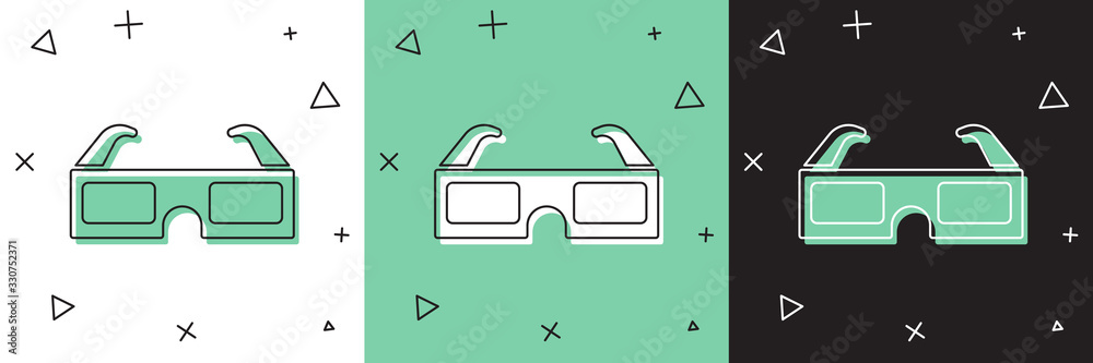 将3D影院眼镜图标隔离在白色和绿色黑色背景上。矢量插图