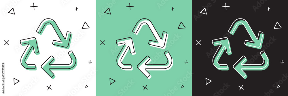 将回收符号图标隔离在白色和绿色、黑色背景上。圆形箭头图标。环境
