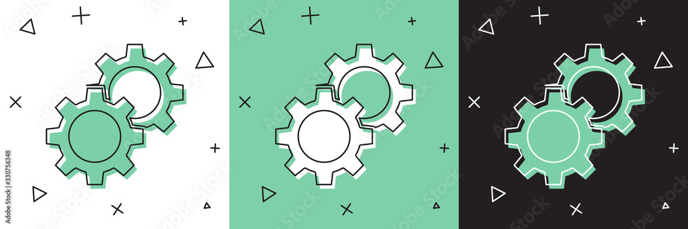Set Gear icon isolated on white and green, black background. Cogwheel gear settings sign. Cog symbol