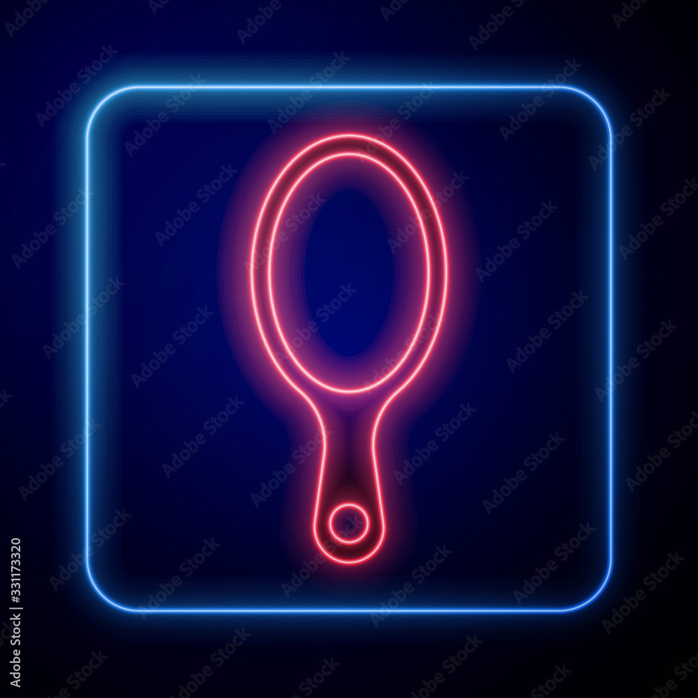 Glowing neon Hand mirror icon isolated on blue background. Vector Illustration