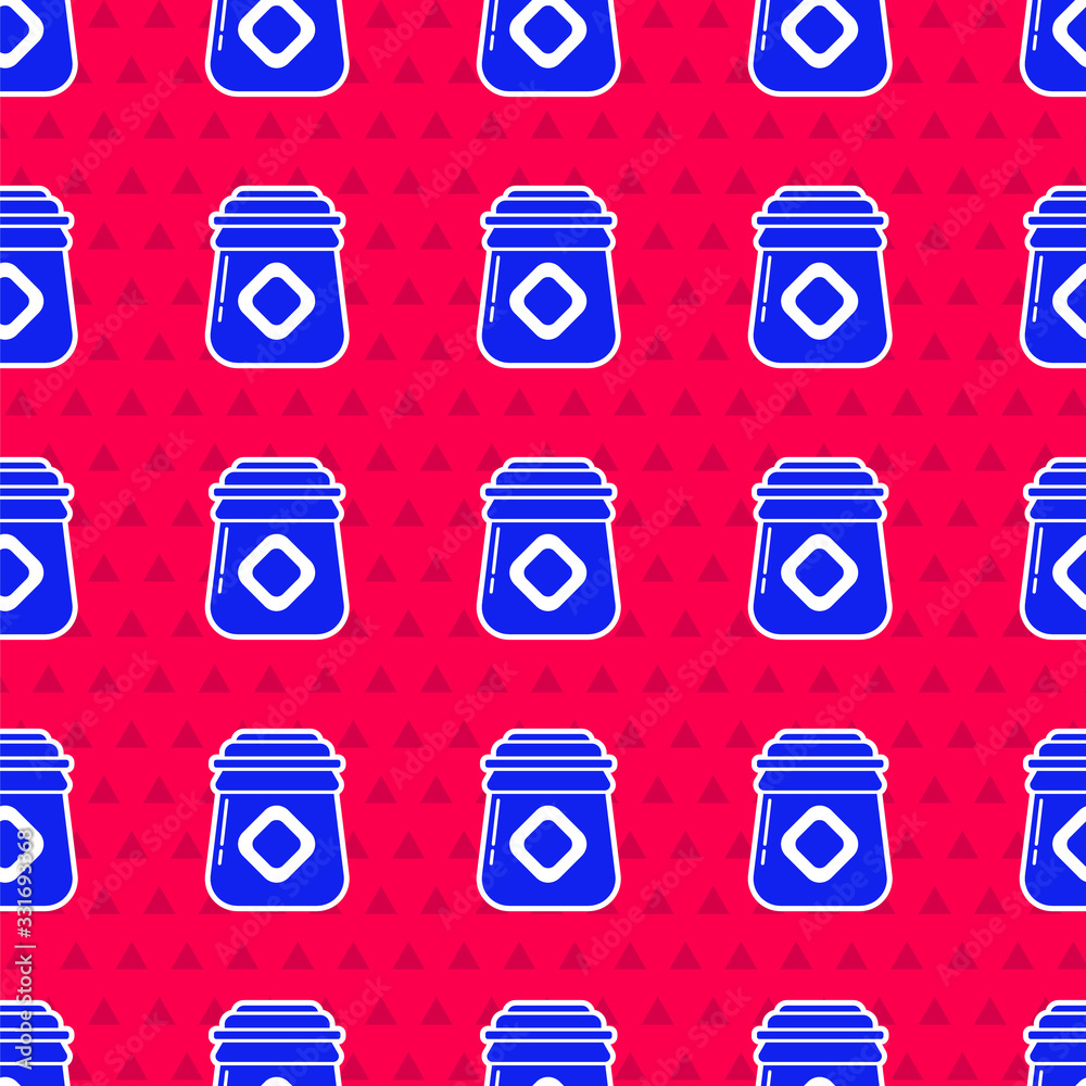 Blue Jar of honey icon isolated seamless pattern on red background. Food bank. Sweet natural food sy