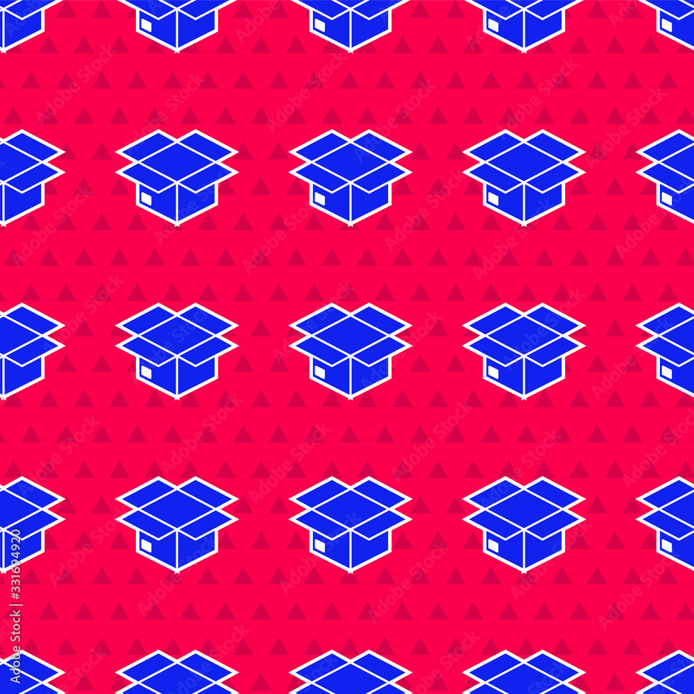 Blue Carton cardboard box icon isolated seamless pattern on red background. Box, package, parcel sig
