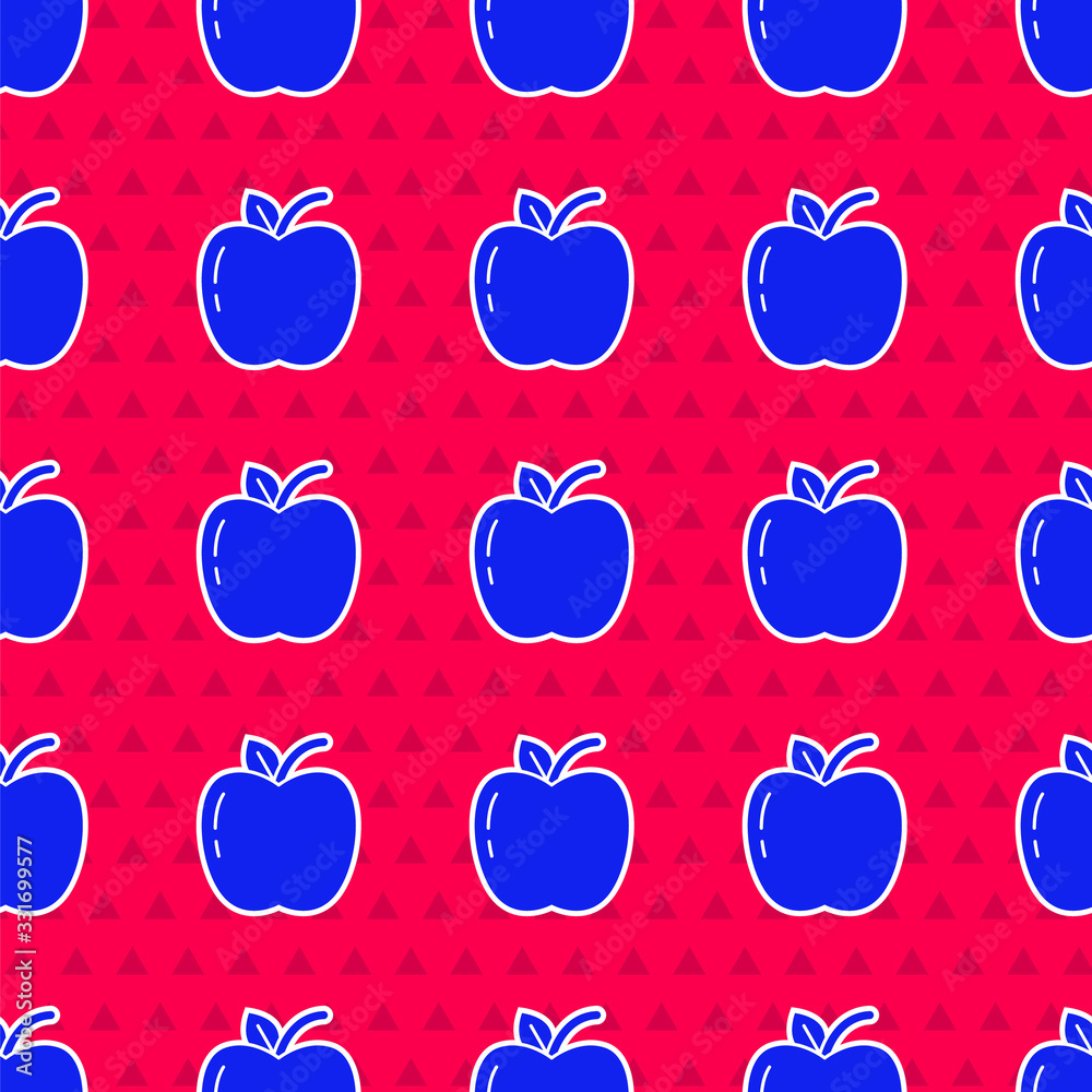 Blue Apple icon isolated seamless pattern on red background. Fruit with leaf symbol. Vector Illustra