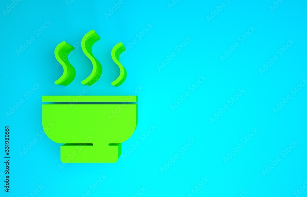 蓝色背景下的绿色中国传统茶道图标。带杯子的茶壶。极简主义