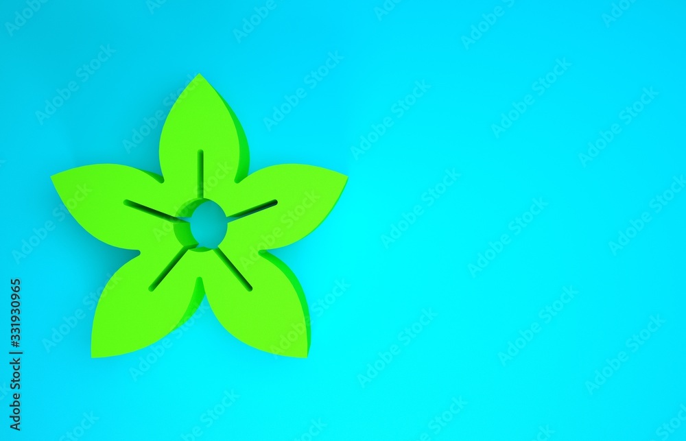 蓝色背景上的绿莲花图标。极简主义概念。3d插图3d渲染