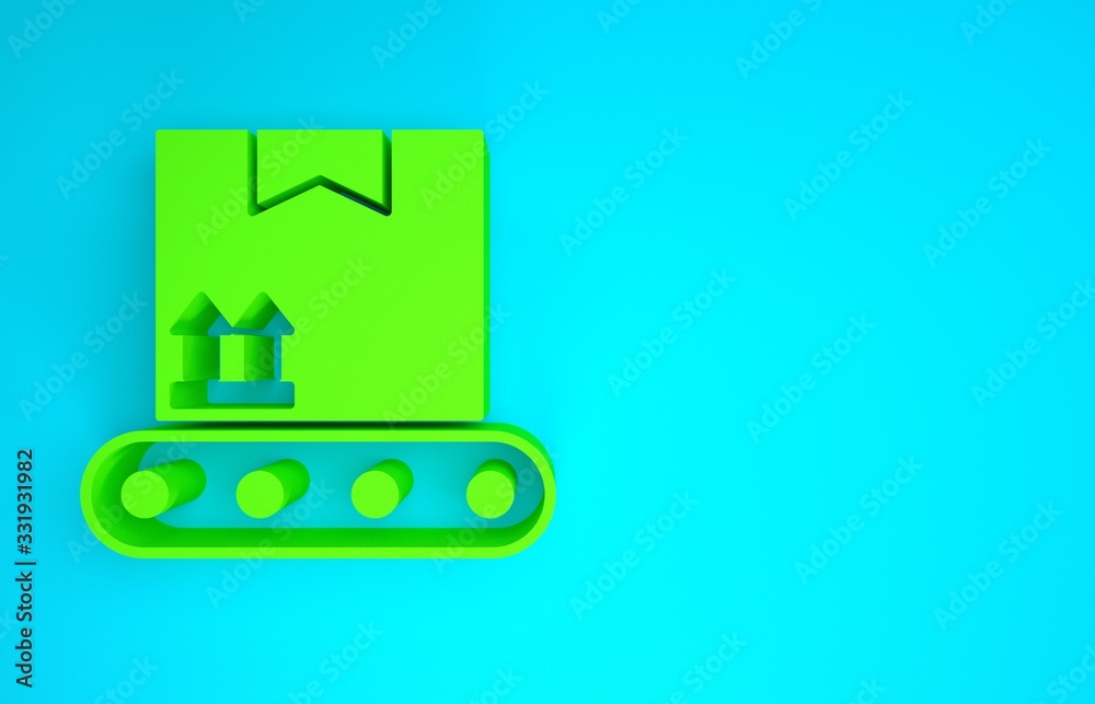 绿色传送带，蓝色背景上隔离纸板箱图标。极简主义概念。3d illu