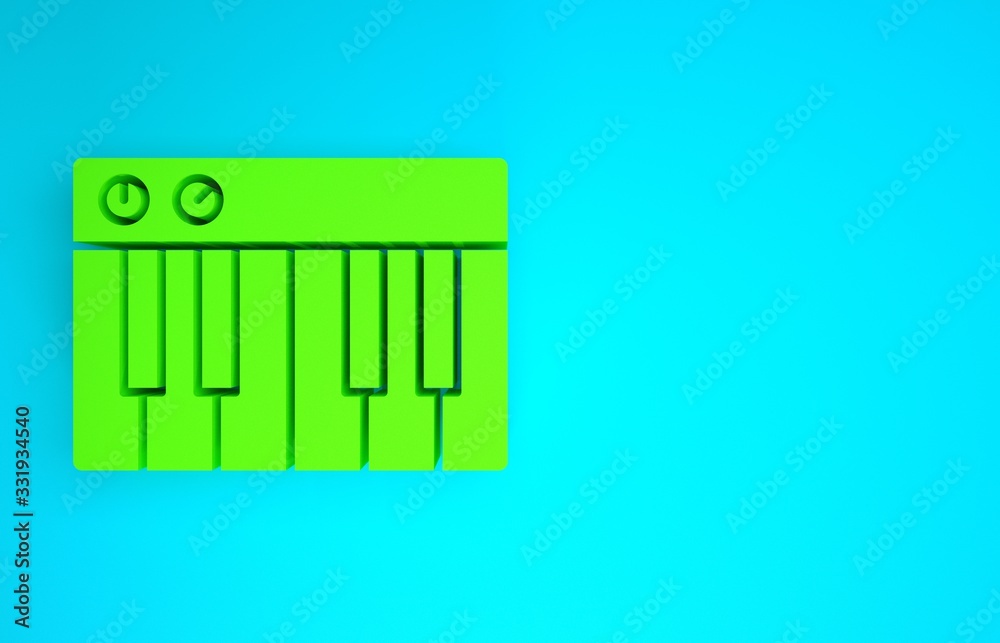 Green Music synthesizer icon isolated on blue background. Electronic piano. Minimalism concept. 3d i