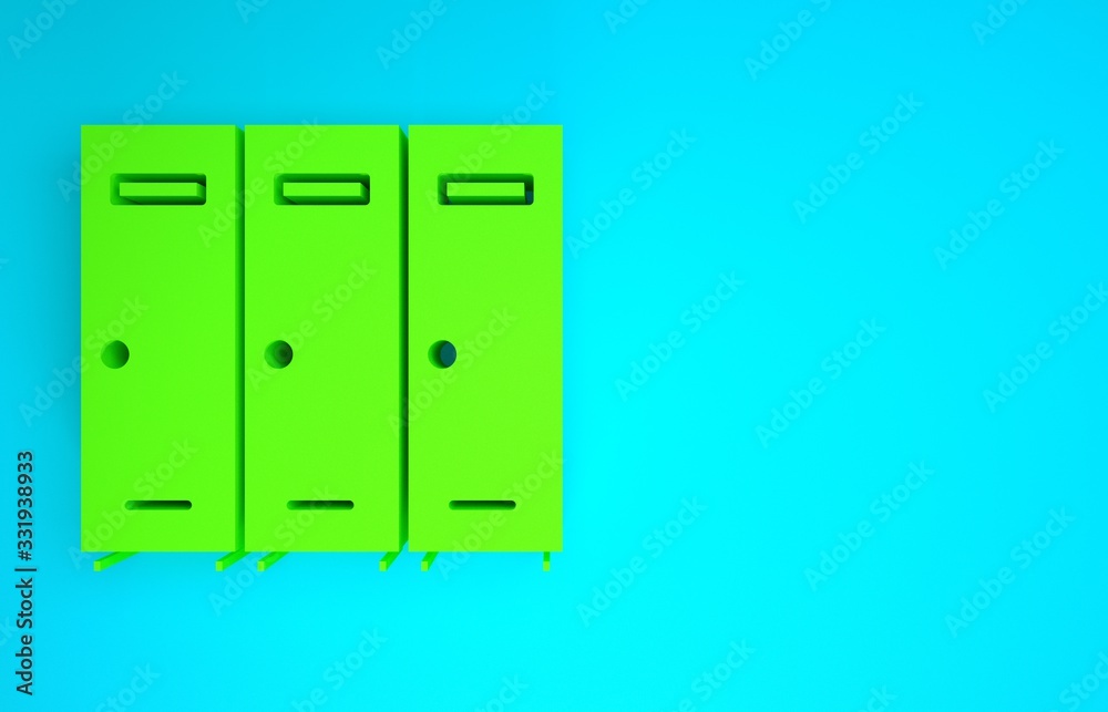 绿色储物柜或更衣室，用于曲棍球、足球、篮球队或工人的图标，蓝色隔离