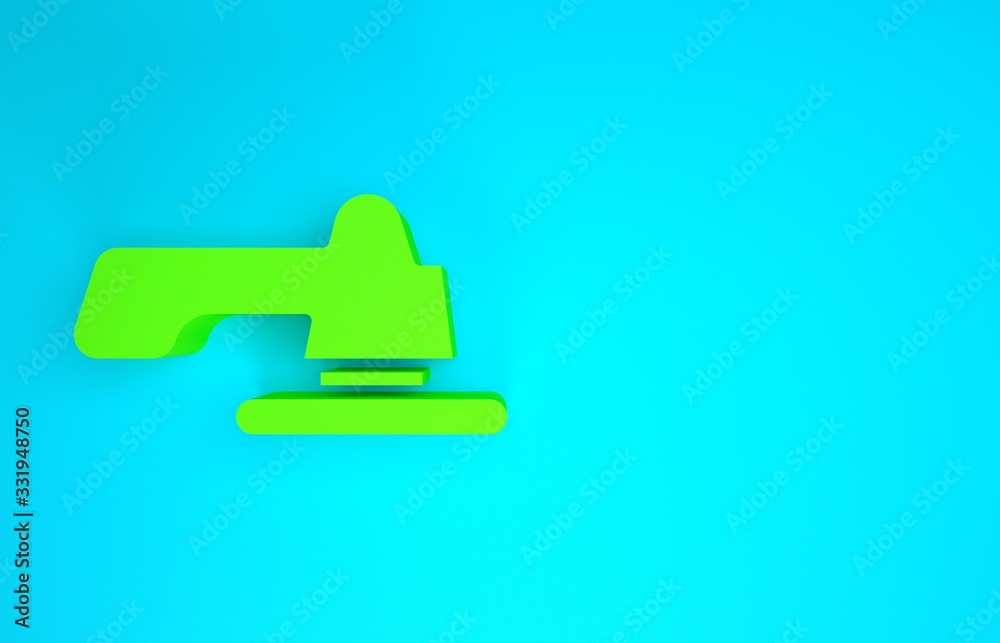 绿色水龙头图标隔离在蓝色背景上。极简主义概念。3d插图3d渲染