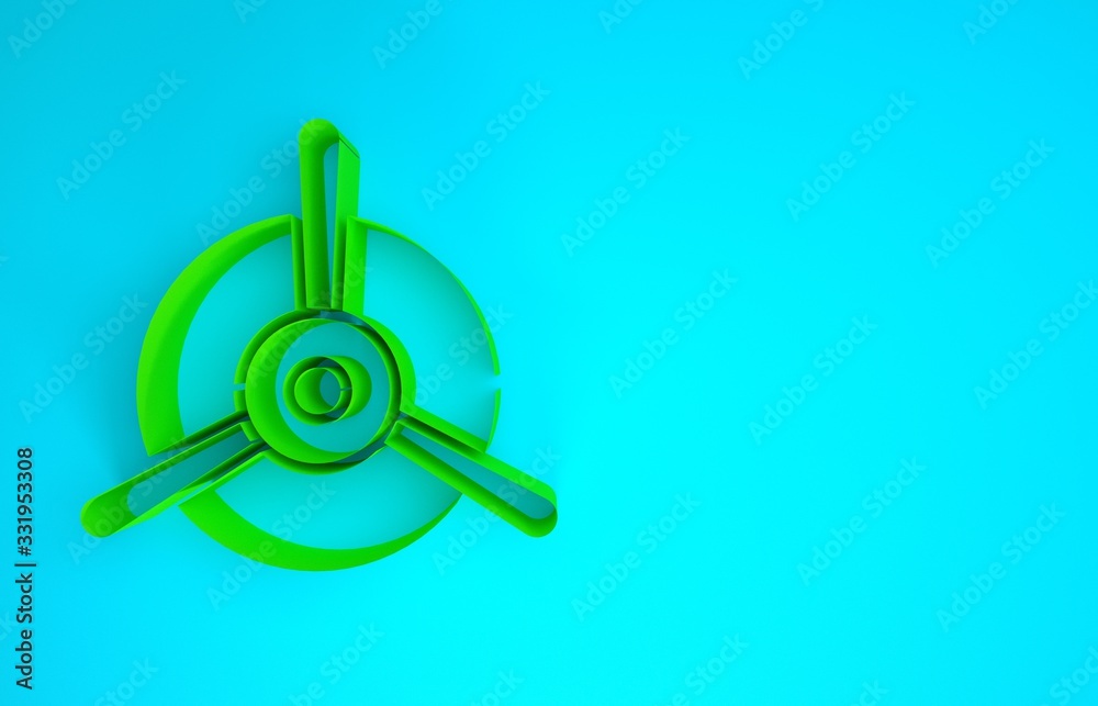 蓝色背景上隔离的绿色飞机螺旋桨图标。复古飞机螺旋桨。极简主义风格