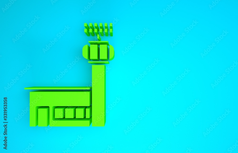 蓝色背景上隔离的绿色机场控制塔图标。极简主义概念。三维插图3d
