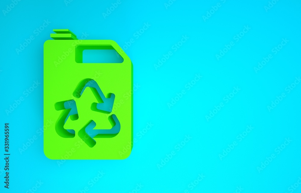 蓝色背景上隔离的绿色环保燃料罐图标。环保生物和桶。绿色环境和