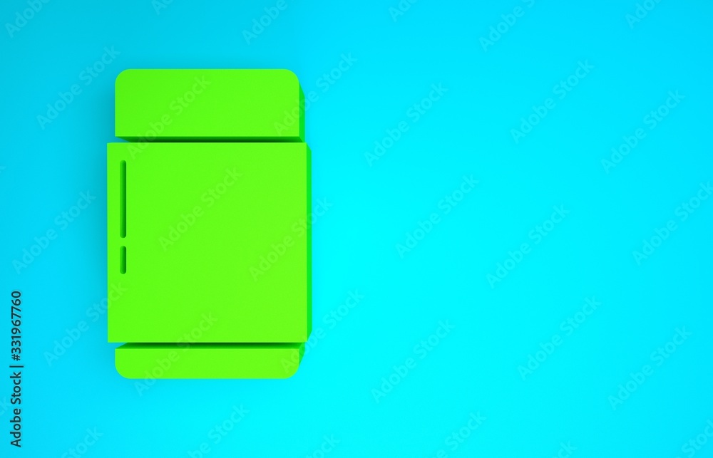 蓝色背景上隔离的绿色橡皮擦或橡胶图标。极简主义概念。3d插图3d趋势