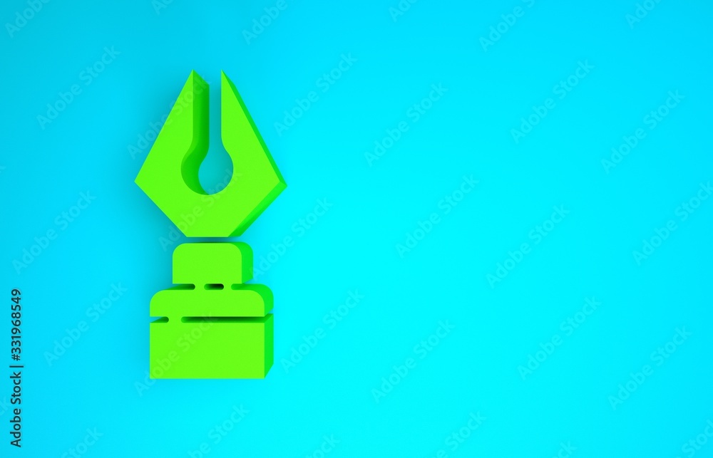 蓝色背景上隔离的绿色喷泉笔尖图标。钢笔工具标志。极简主义概念。3d插图