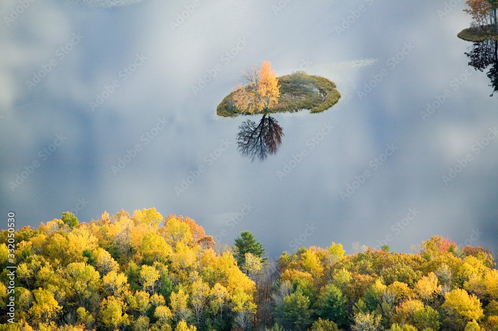 缅因州桑福德附近池塘上秋树的鸟瞰图，有倒影