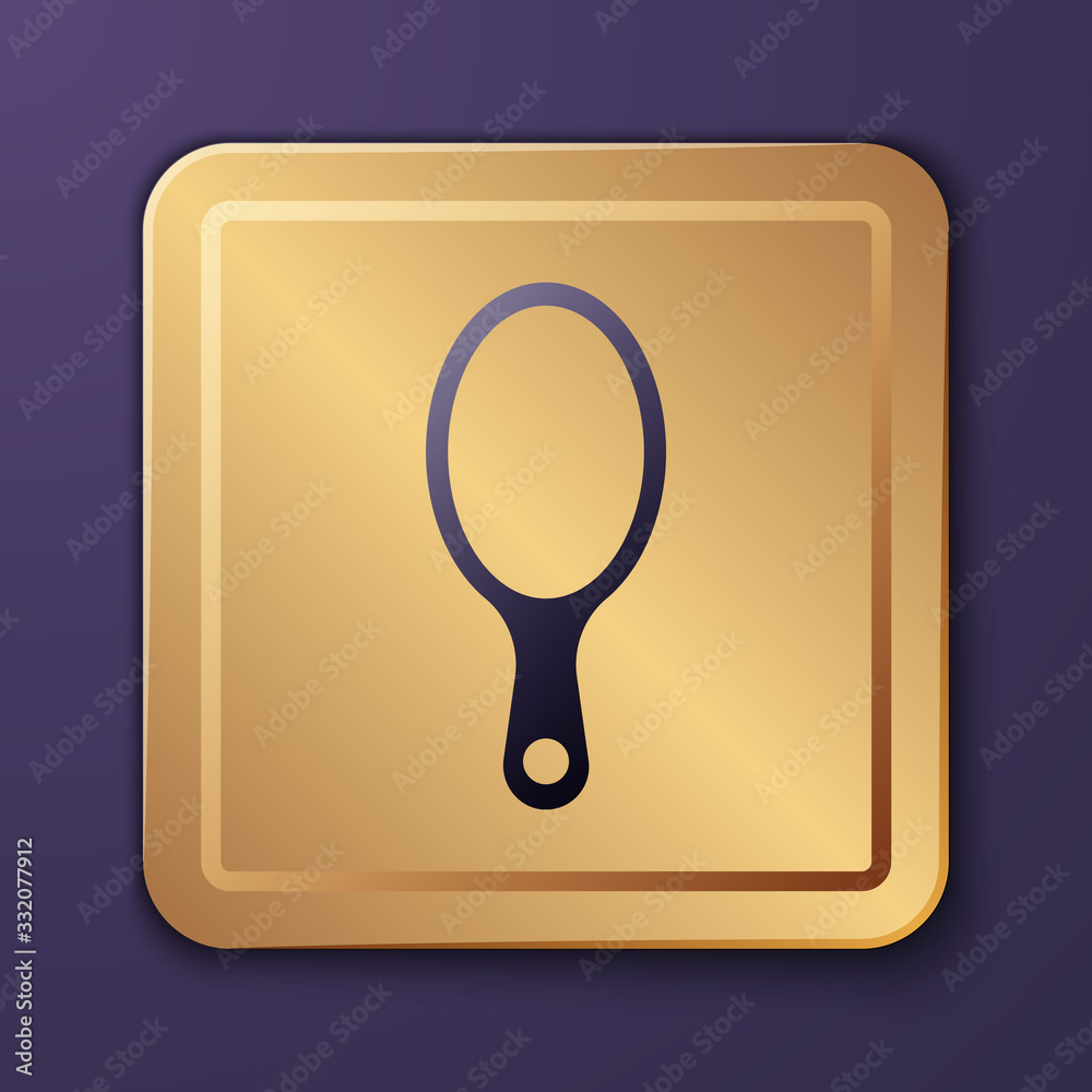 Purple Hand mirror icon isolated on purple background. Gold square button. Vector Illustration