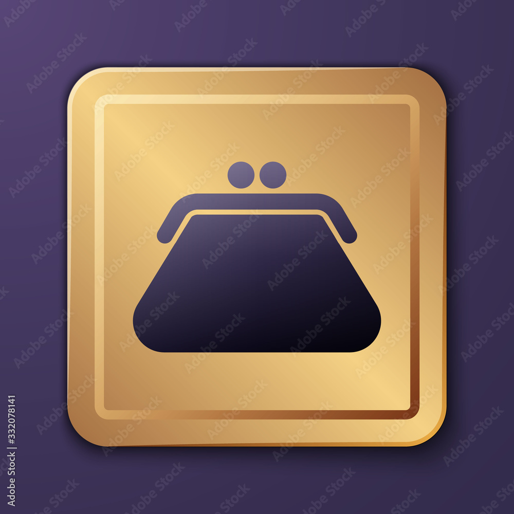 Purple Clutch bag icon isolated on purple background. Women clutch purse. Gold square button. Vector
