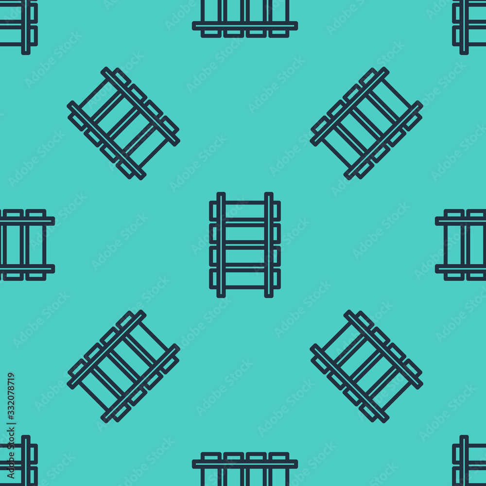 Black line Railway, railroad track icon isolated seamless pattern on green background.  Vector Illus