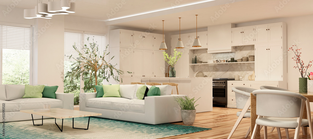 带客厅设计的现代住宅内部厨房。3D渲染