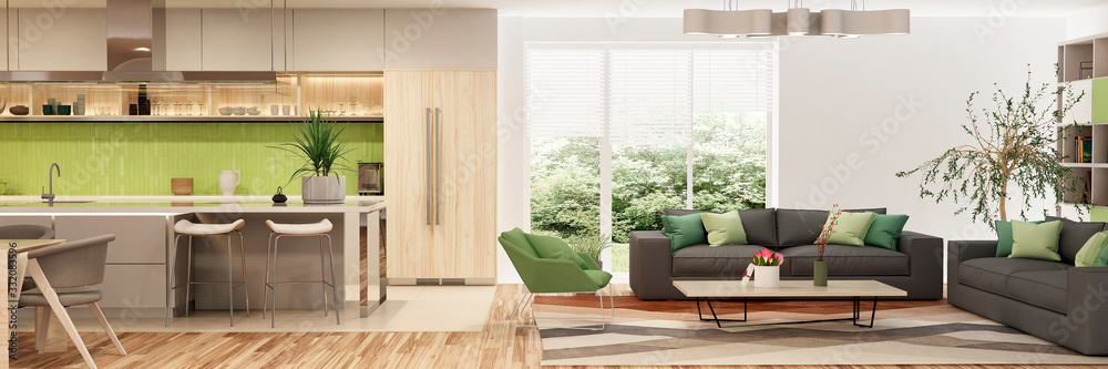 带客厅设计的现代住宅内部厨房。3D渲染