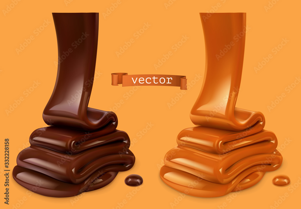 融化的巧克力和浇焦糖酱三维逼真的矢量物体。食品插图