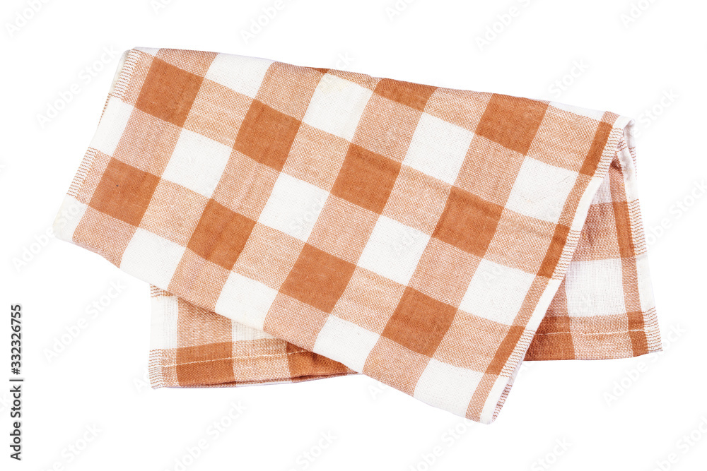 crumpled orange brown checkered napkin table clothes  on white background.