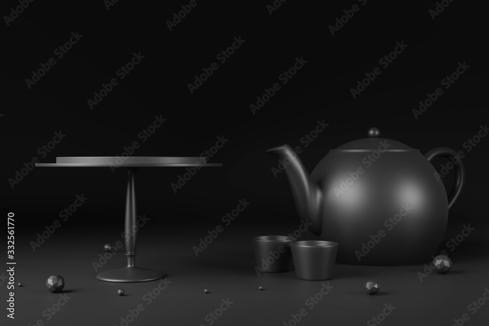 一套下午茶。黑色3D迷你蛋糕架，配有茶壶和杯子。