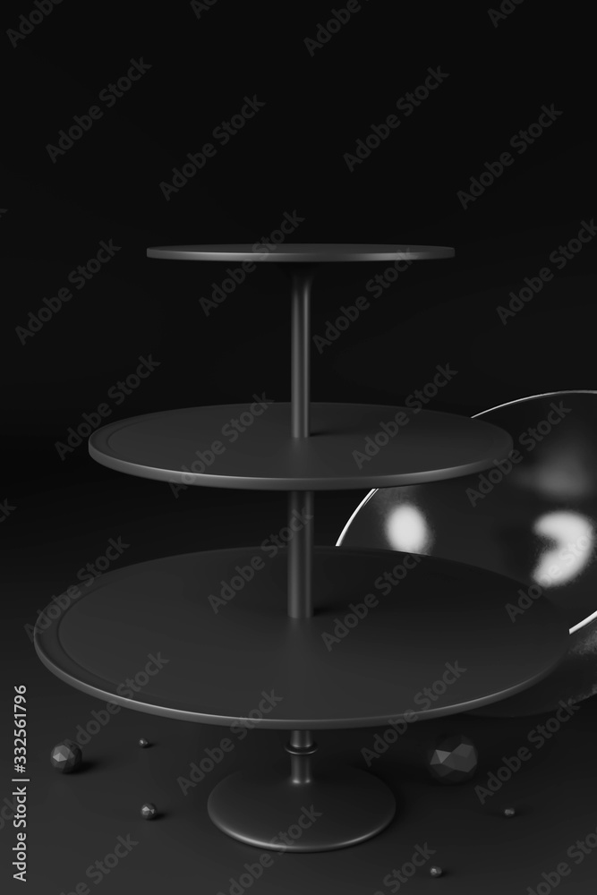 带圆顶罩的黑色3D三层蛋糕架。