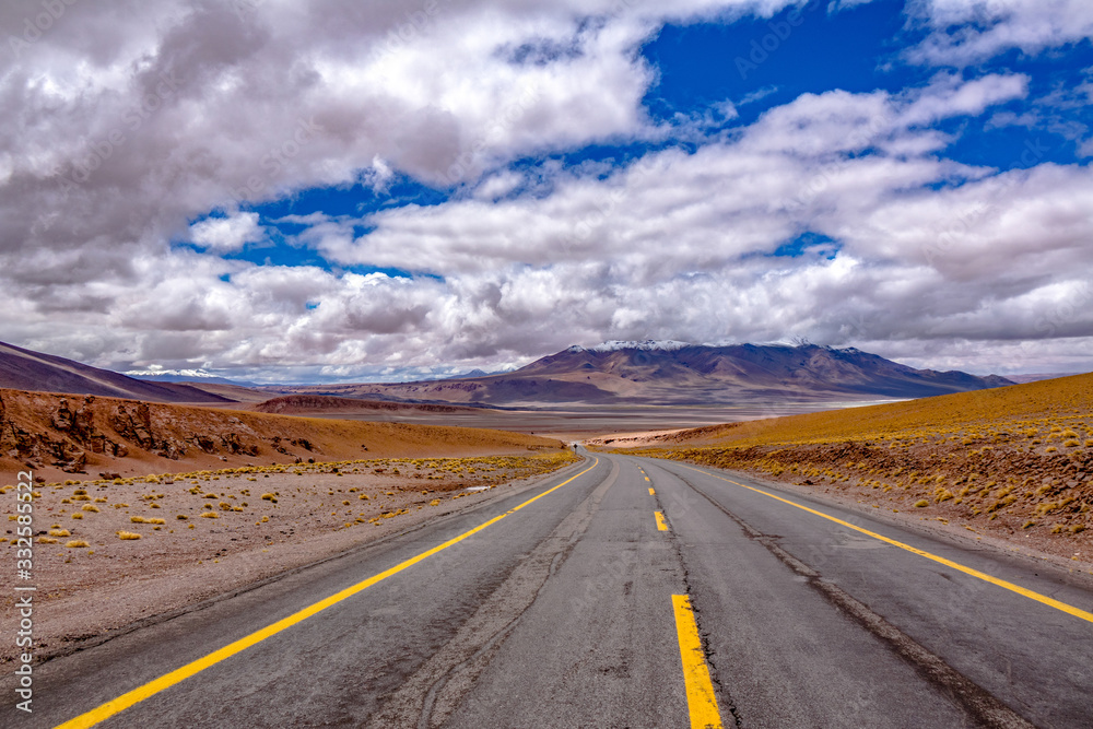 南美洲智利阿塔卡马沙漠草原、山脉和火山景观中的道路