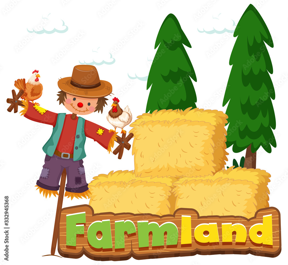 Font design for word farmland with scarecrow and hay