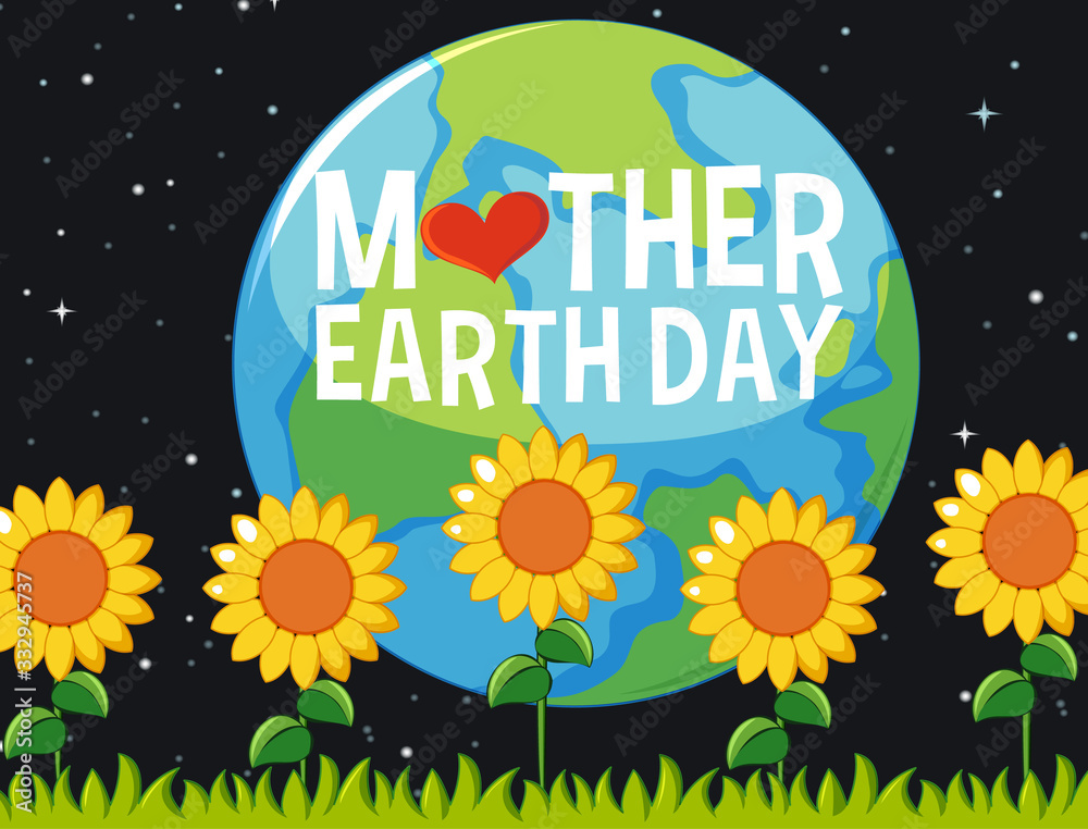 地球母亲日海报设计，晚上花园里有向日葵
