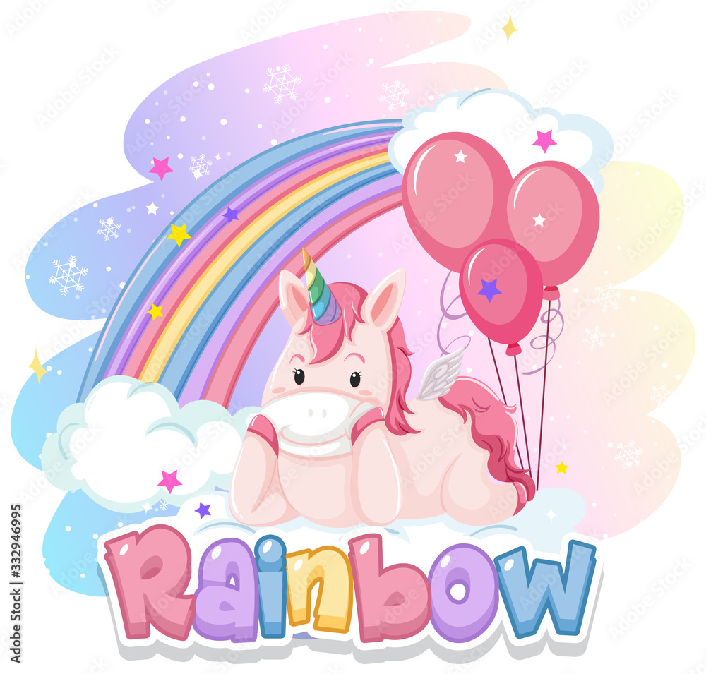 Font design for word rainbow with cute unicorn and pink balloons