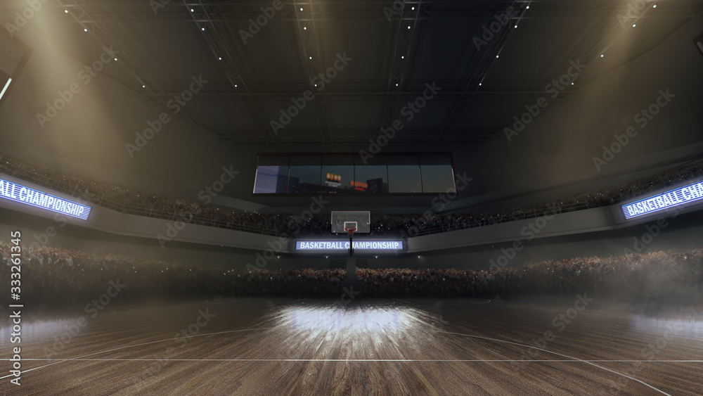 有球迷的篮球场。运动场。3D渲染。插图。