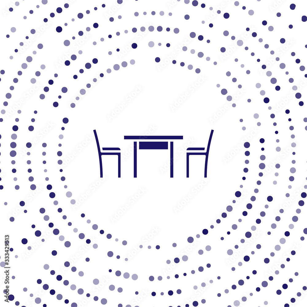 蓝色木桌，白色背景上隔离椅子图标。抽象圆形随机点。矢量