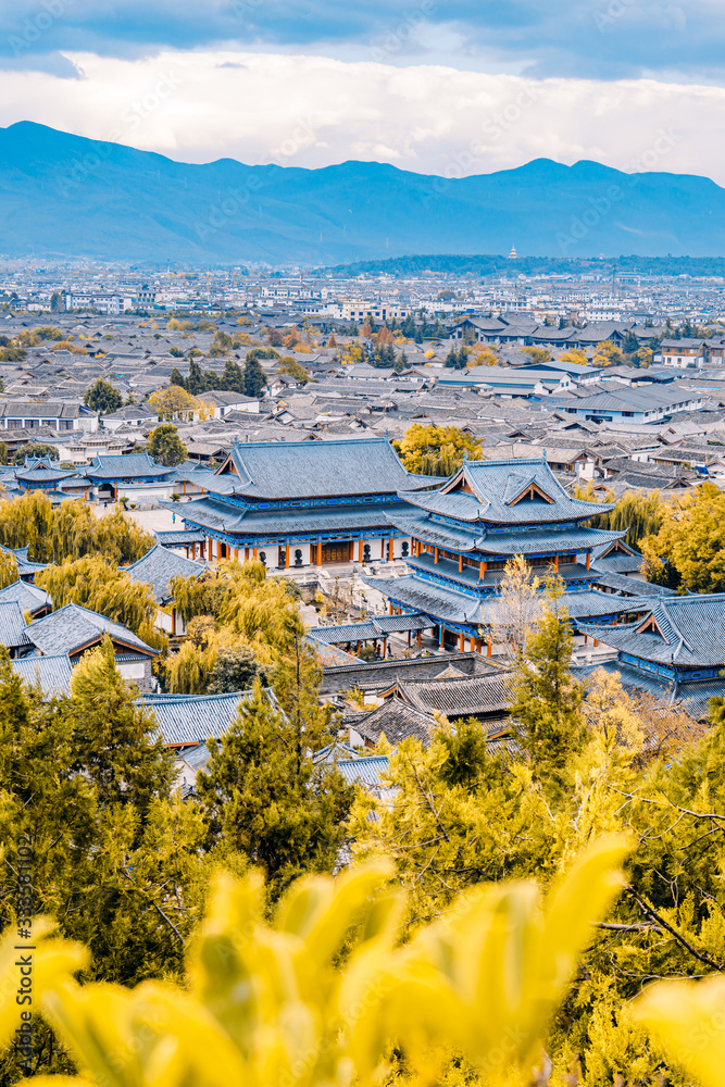 High angle view of Dayan Ancient City and Mufu in Lijiang, Yunnan, China