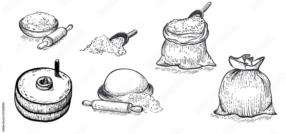 一套面粉，手磨，小麦，谷物，面粉袋，配料。手绘矢量插图。En
