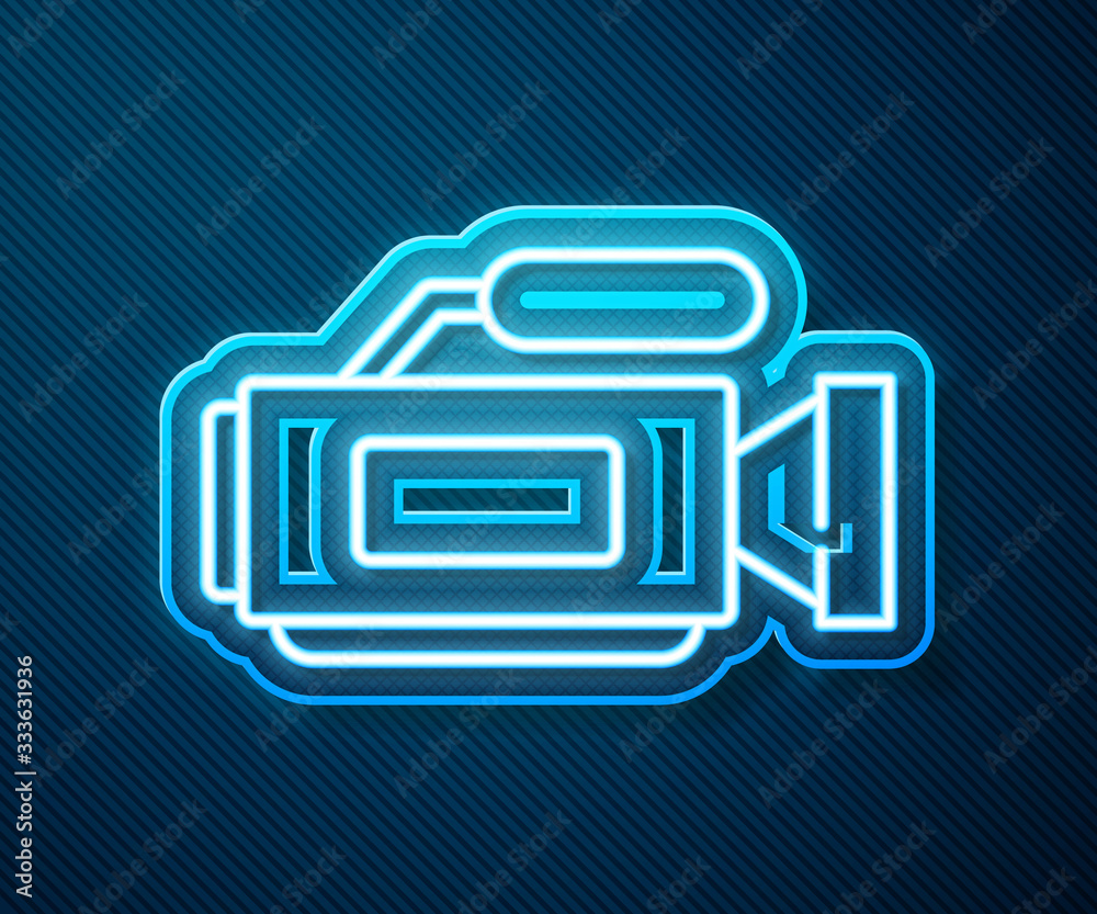 Glowing neon line Cinema camera icon isolated on blue background. Video camera. Movie sign. Film pro