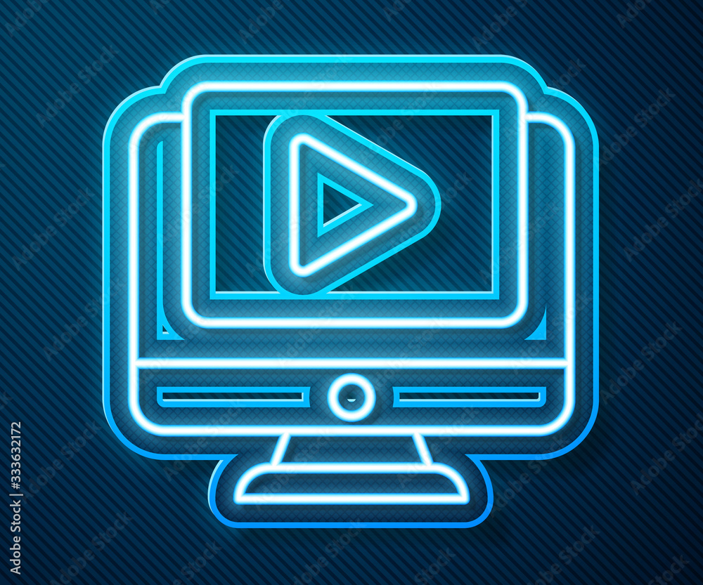 Glowing neon line Online play video icon isolated on blue background. Computer monitor and film stri