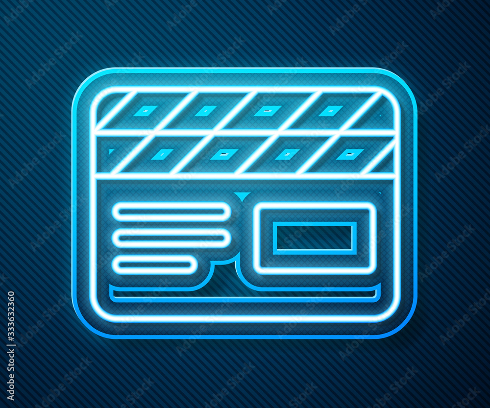 Glowing neon line Movie clapper icon isolated on blue background. Film clapper board. Clapperboard s
