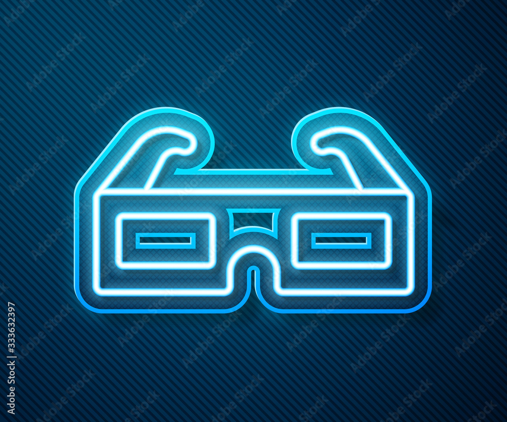 蓝色背景上隔离的发光霓虹线3D影院眼镜图标。矢量插图